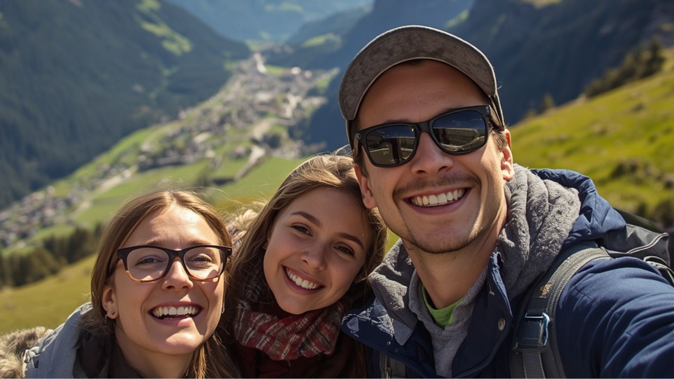 A happy family hiking with young children on a scenic, stroller-friendly trail in the Swiss Alps with wildflower meadows and snowy peaks